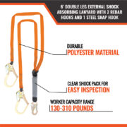6’ DOUBLE LEG EXTERNAL SHOCK ABSORBING LANYARD WITH 2 REBAR HOOKS AND 1 STEEL SNAP HOOK - Image 2