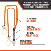 6’ DOUBLE LEG EXTERNAL SHOCK ABSORBING LANYARD WITH 2 REBAR HOOKS AND 1 STEEL SNAP HOOK - Image 3